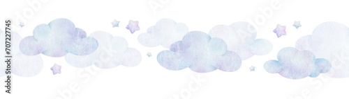 Air clouds and stars. Children's background. Watercolor baby seamless border. Isolated. Design for kid's goods, postcards, baby shower and children's room photo
