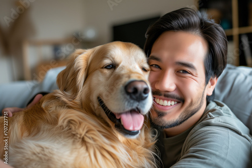 Young Asian adult with his golden retriever dog in a living room