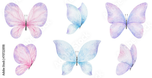 A set of cute pink butterflies. Spring animal. Isolated watercolor illustration for decoration of children's rooms, design of packages and labels, fabrics and clothes © Fedulova_art