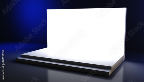 Empty stage design for mockup and corporate identity, display. Platform elements in hall. Blank screen system for graphic Resources. Scene event led night light staging. 3d rendering for online. photo