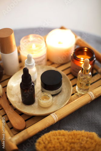 Spa supplies on table in salon