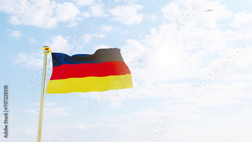 Flag of Germany waving in the wind  sky and sun background. Germany Flag. Ultra Hd.  
