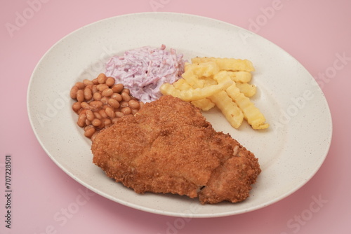 Chicken cutlet with fries   bean and coleslaw