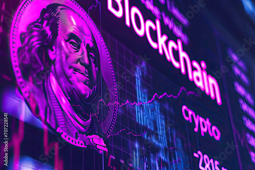 Blockchain abstract illustration with Benjamin Franklin. 