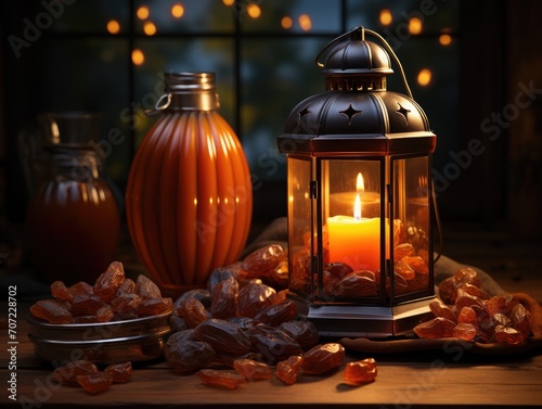 Ramadan kareem beautiful Illuminated lantern ornament and eid mubarak 3d islamic greeting illustration on bokeh background