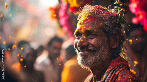 A vibrant depiction of a Hindu festival celebration, featuring a multitude of colors and religious ceremonies in India