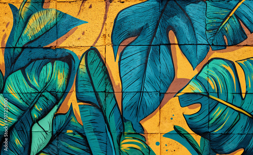 Graffiti drawing of tropical leaves with yellow, in the style of hip hop aesthetics.