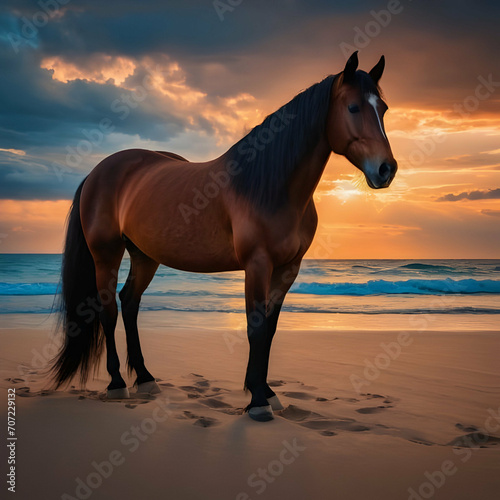 A brown horse standing on top of a sandy beach under a cloudy blue and orange sky with a sunset.  © design