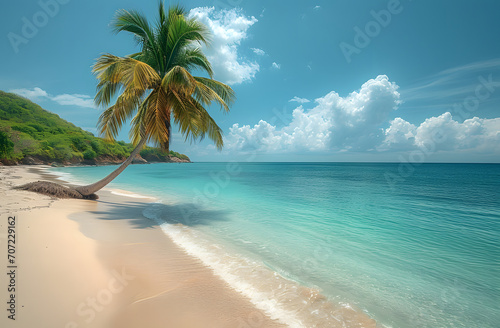 Tropical beach paradise with a lone palm tree on sandy shore and clear turquoise sea under a blue sky with fluffy clouds.