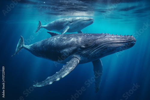 Dos ballenas nadando juntas en el océano.