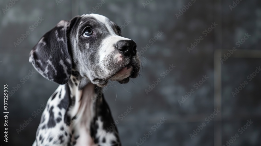 Photo portrait of a cute white and black Great Dane puppy on a gray background