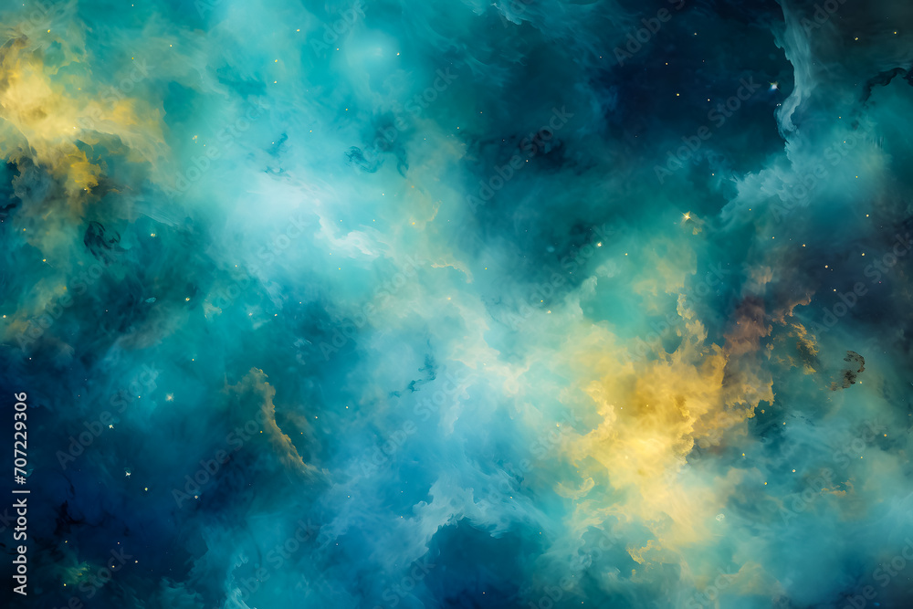 Fototapeta premium Stunning galaxy background in green-turquoise and yellow hues, showcasing cosmic beauty and vibrant space colors. Ideal for sci-fi, fantasy, and abstract design themes