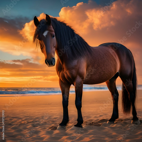 A brown horse standing on top of a sandy beach under a cloudy blue and orange sky with a sunset. 