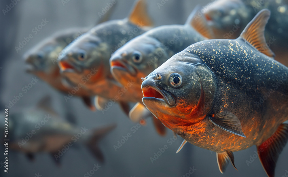 Group of eager piranhas set against a serene gray pastel background. Group of eager piranhas set against a serene gray pastel background.