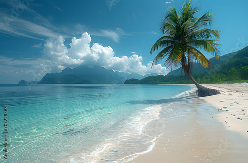 Tropical beach with a lone palm tree  clear blue water  white sand  and mountains in the distance under a partly cloudy sky.