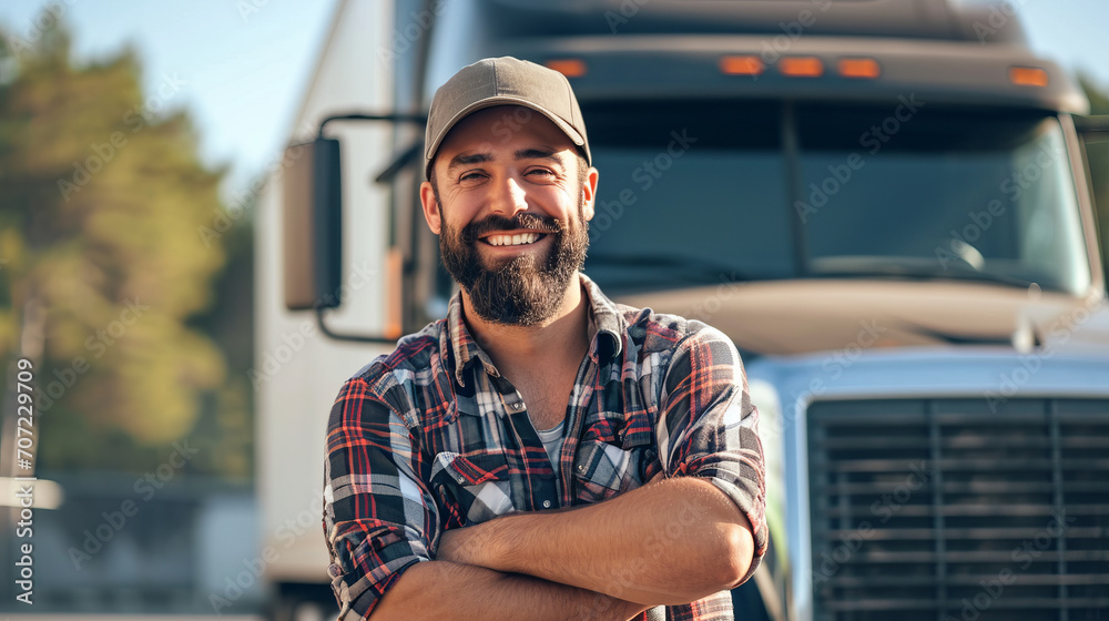 Naklejka premium Young male truck driver standing in front of his truck, arms crossed, smiling at the camera, bearded man, wearing a hat
