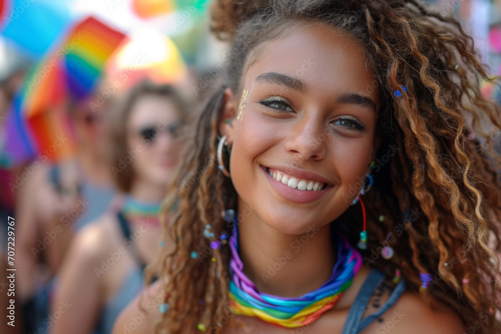 Portrait of young people rallying for LGBTQ+ rights at a Pride month parade with diversity and rainbow flags - obrazy, fototapety, plakaty 