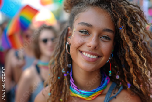 Portrait of young people rallying for LGBTQ+ rights at a Pride month parade with diversity and rainbow flags photo