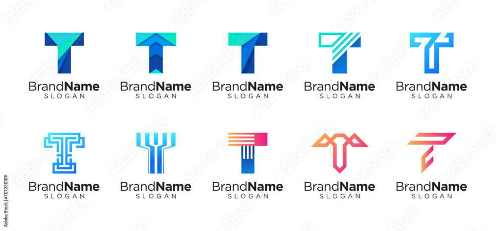 Letter T logo design for various types of businesses and company. colorful, modern, geometric letter T logo set - obrazy, fototapety, plakaty 