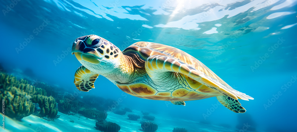 Fototapeta premium A serene shot of a sea turtle near the beach and coral reefs, capturing the beauty of marine life. Perfect for nature, wildlife, and underwater themes