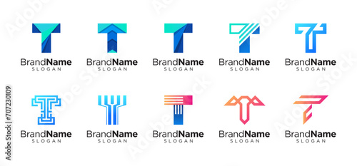 Letter T logo design for various types of businesses and company. colorful, modern, geometric letter T logo set photo