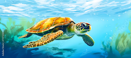 A serene shot of a sea turtle near the beach and coral reefs  capturing the beauty of marine life. Perfect for nature  wildlife  and underwater themes