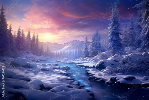 Mystical Magic winter blurred landscape cold. Festive forest. Generate Ai