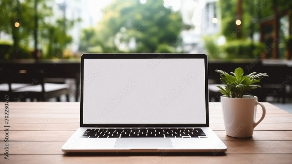 Laptop with blank screen on a wooden table in a cafe . Laptop with blank screen on a wooden table in a cafe .