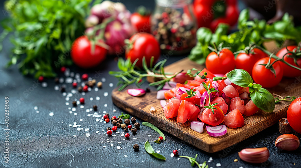 fresh tomatoes, herbs, and spices on a cutting board, ready for cooking. It suggests healthy ingredients for a flavorful meal fresh tomatoes, herbs, and spices on a cutting board, ready for cooking. It suggests healthy ingredients for a flavorful meal