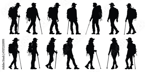 Silhouettes of climbers. Hiker Silhouettes are isolated on a white background. Hiker silhouette set. People with backpack.