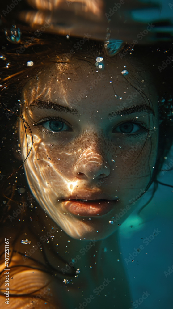 Underwater portrait. Beautiful girl teen looking in camera underwater. Pool picture swimming underwater, apnea breathe. Summertime vacation and swimming Underwater portrait. Beautiful girl teen looking in camera underwater. Pool picture swimming underwater, apnea breathe. Summertime vacation and swimming