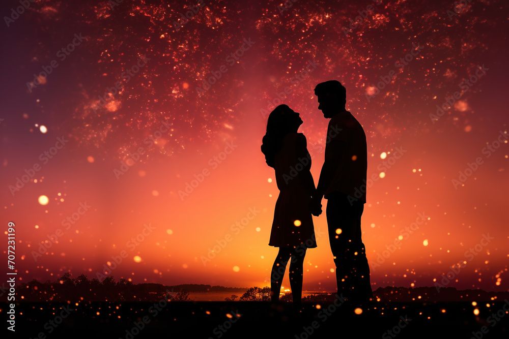 Dark silhouette of a couple standing by the water at sunset