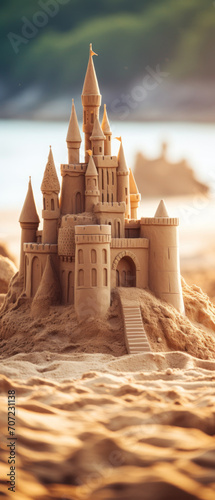 A stunning vertical shot of an artistic sandcastle set against a backdrop of blue ocean and clear sky.