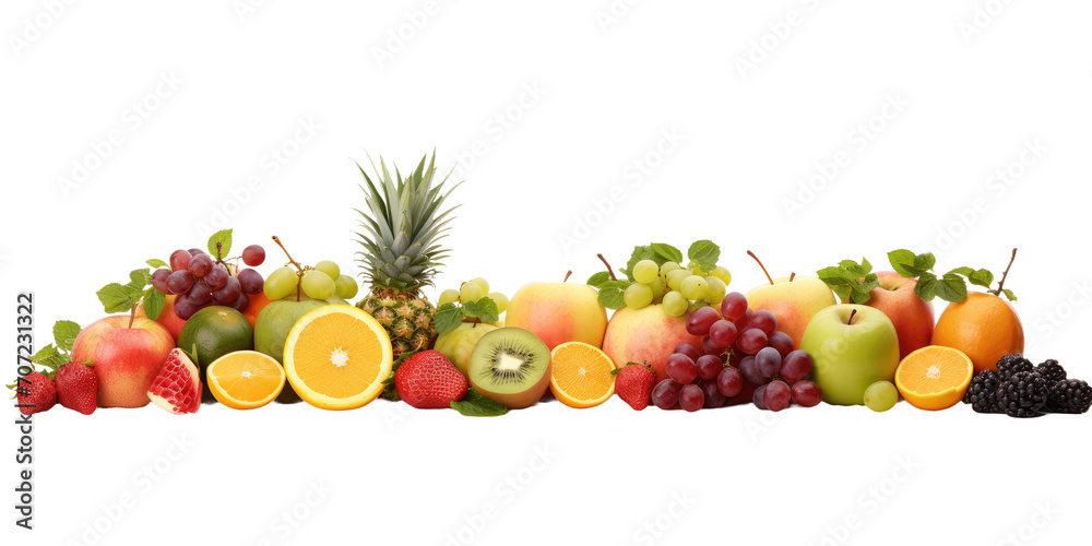 A heaped mountain with fresh fruit of many different varieties, white background, banner A heaped mountain with fresh fruit of many different varieties, white background, banner