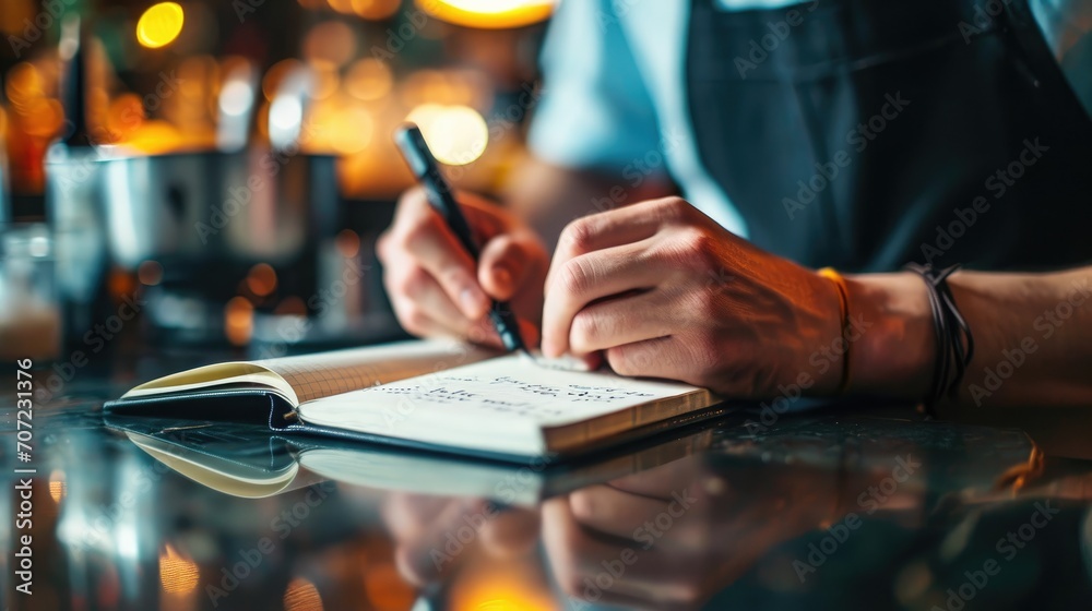 Close up of a man writing in a notepad at the bar counter - obrazy, fototapety, plakaty 