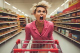 angry woman with shopping cart in a supermarket, Generative AI