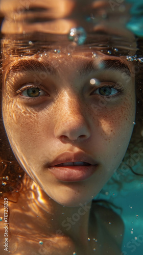 Underwater portrait. Beautiful girl teen looking in camera underwater. Pool picture swimming underwater, apnea breathe. Summertime vacation and swimming