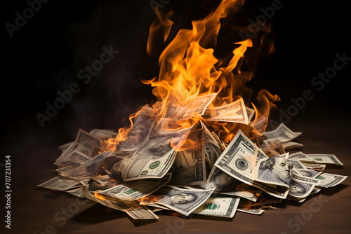 a pile of dollar bills are burning isolated on black background ,Generative AI