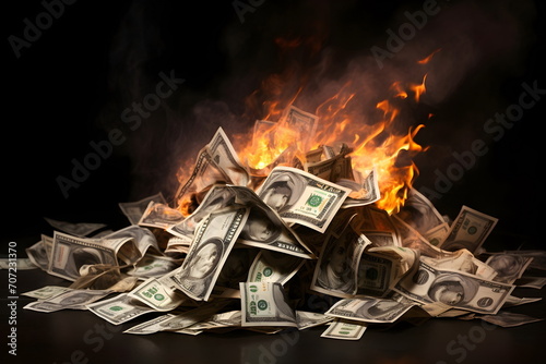 a pile of dollar bills are burning isolated on black background ,Generative AI photo