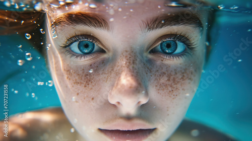 Underwater portrait. Beautiful girl teen looking in camera underwater. Pool picture swimming underwater, apnea breathe. Summertime vacation and swimming