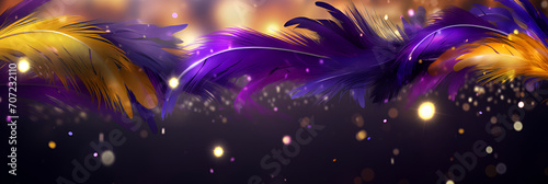 Feathers on a purple background, suitable for design with copy space, Mardi Gras celebration. photo
