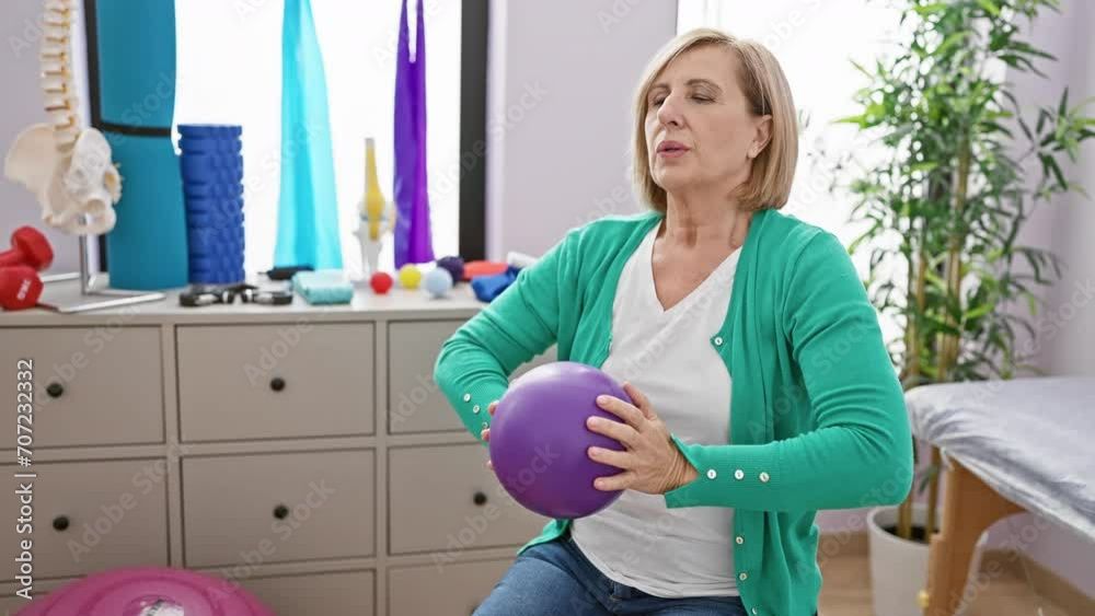 Mature woman exercises with a purple ball in a brightly lit physical therapy clinic, promoting wellness and active aging. Mature woman exercises with a purple ball in a brightly lit physical therapy clinic, promoting wellness and active aging.