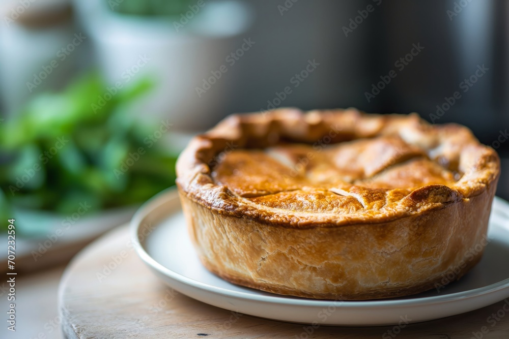Traditional English pork meat pie on a plate on wooden kitchen table