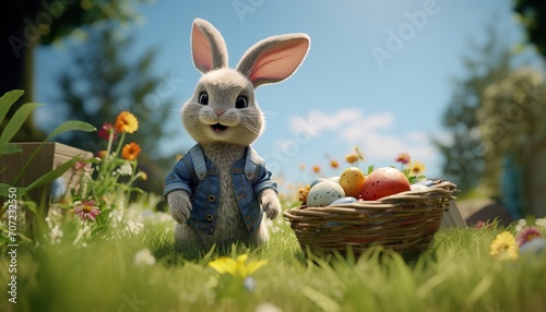 Cute bunny in a jacket next to a basket with Easter eggs. Greeting card.