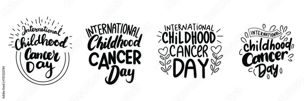 Collection of text banners International childhood cancer Day. Handwriting inscriptions set International childhood cancer Day. Hand drawn vector art.