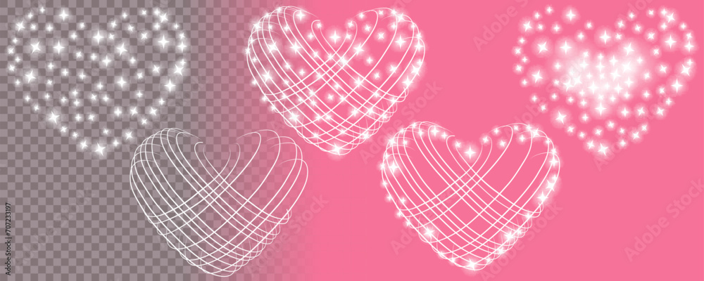Set of glowing heart by Valentine's day, wedding, engagement. Realistic isolated vector objects for invitation, print, computer games. - obrazy, fototapety, plakaty 