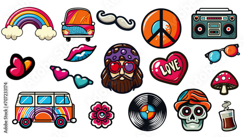 components of groovy cool vintage hipster. A compilation of vectors of groovy clipart from the 60s and 70s. Cartoon sticker design with abstract symbols. Isolated trend backdrop vector illustration.