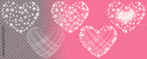 Set of glowing heart by Valentine's day, wedding, engagement. Realistic isolated vector objects for invitation, print, computer games.