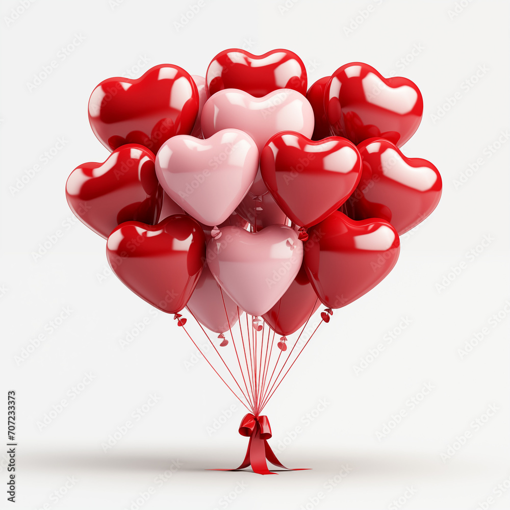 Bunch of heart-shaped balloons, gift for love, 3d rendering. Happy valentines day decoration