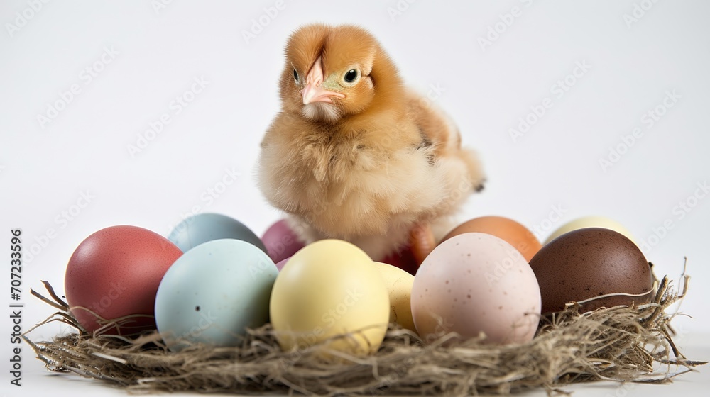 Colorful Easter eggs in the nest with a chicken on a white background